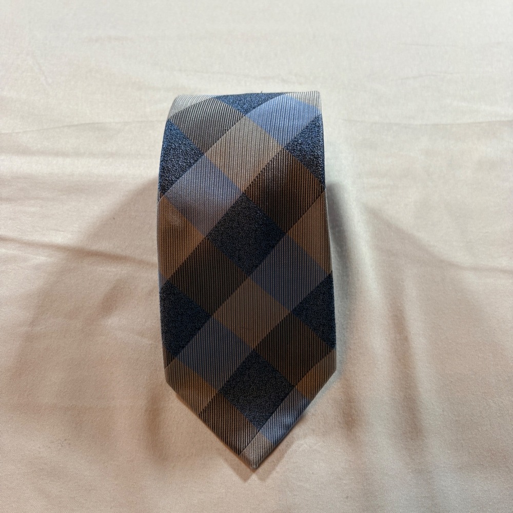 Bespoke New York Necktie Mens OS Blue Brown Buffalo Plaid Textured Polyester Tie